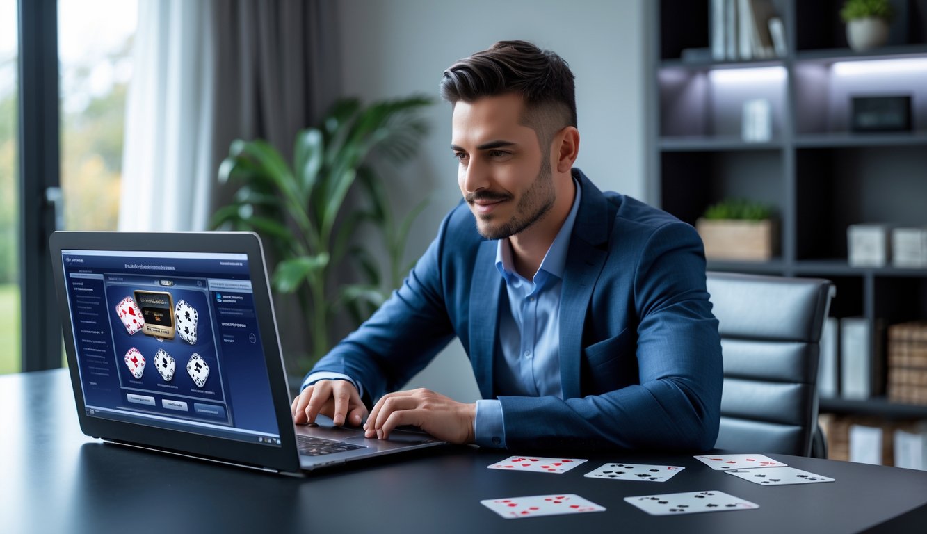 Seorang pria duduk di meja modern dengan laptop yang menampilkan permainan poker, dikelilingi oleh chip poker dan kartu, di dalam ruangan dengan pencahayaan alami.