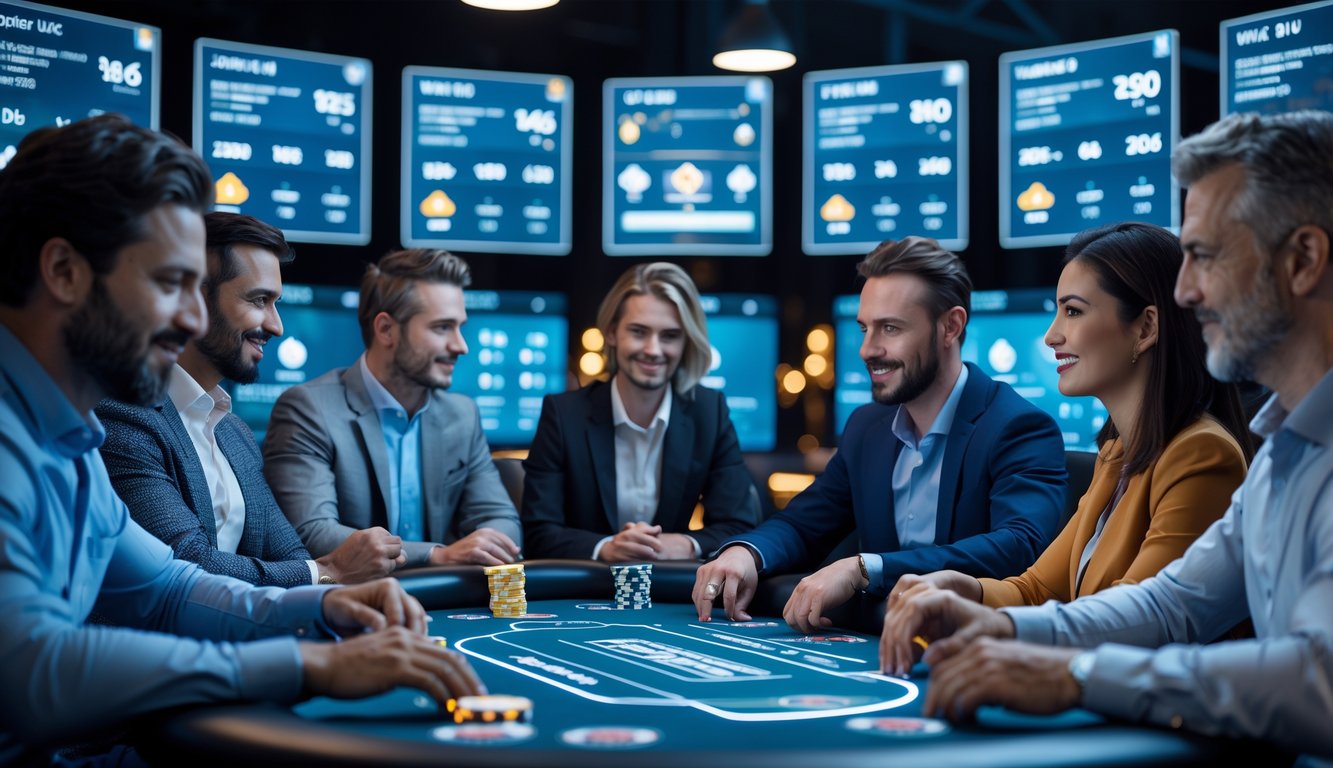 Beberapa orang sedang bermain poker online di meja digital dengan kartu dan chip holografis, dikelilingi oleh layar yang menampilkan statistik permainan.