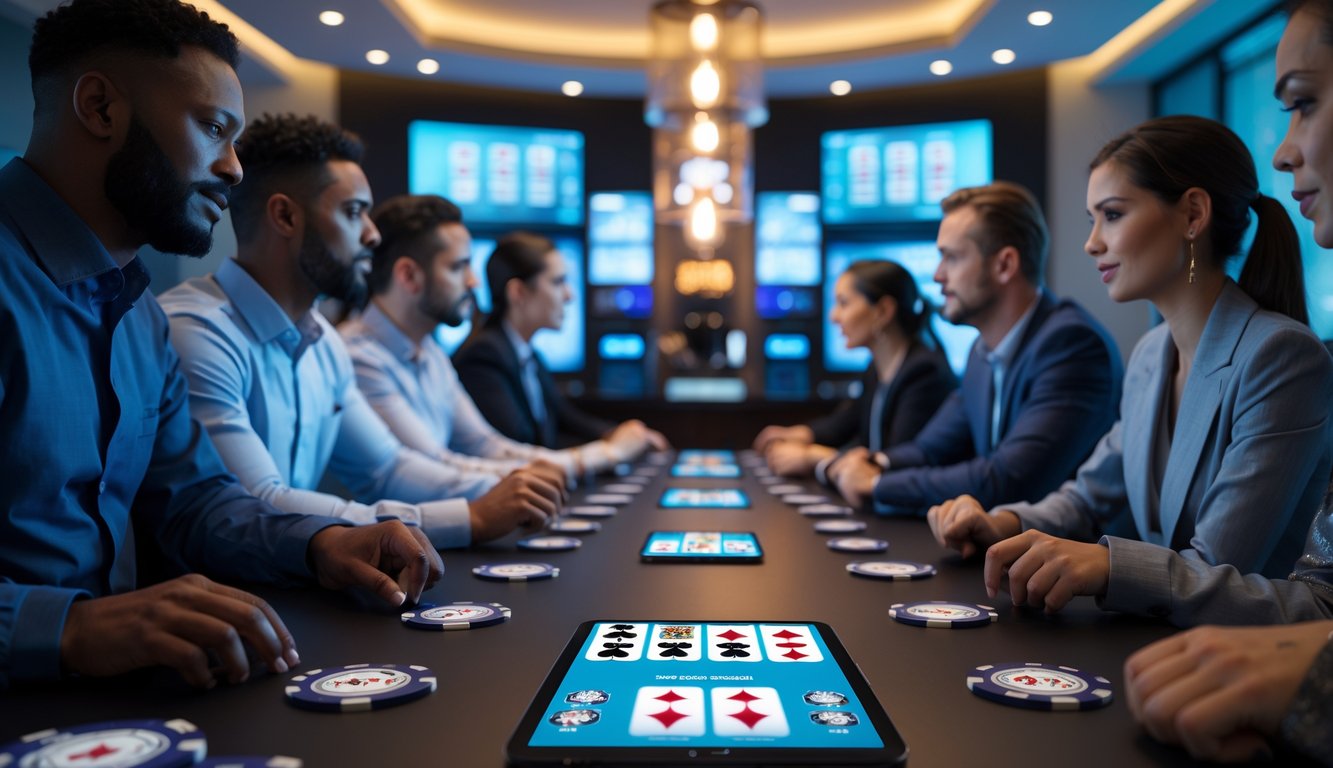 Sekelompok orang bermain poker online menggunakan perangkat digital di meja modern dengan suasana nyaman dan pencahayaan hangat.