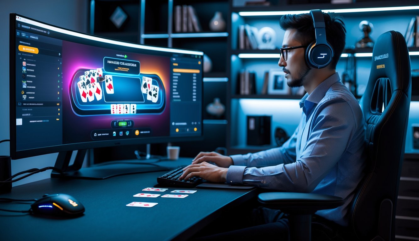 Seseorang duduk di depan komputer dengan permainan poker online di layar, dikelilingi oleh chip poker dan kartu di meja.