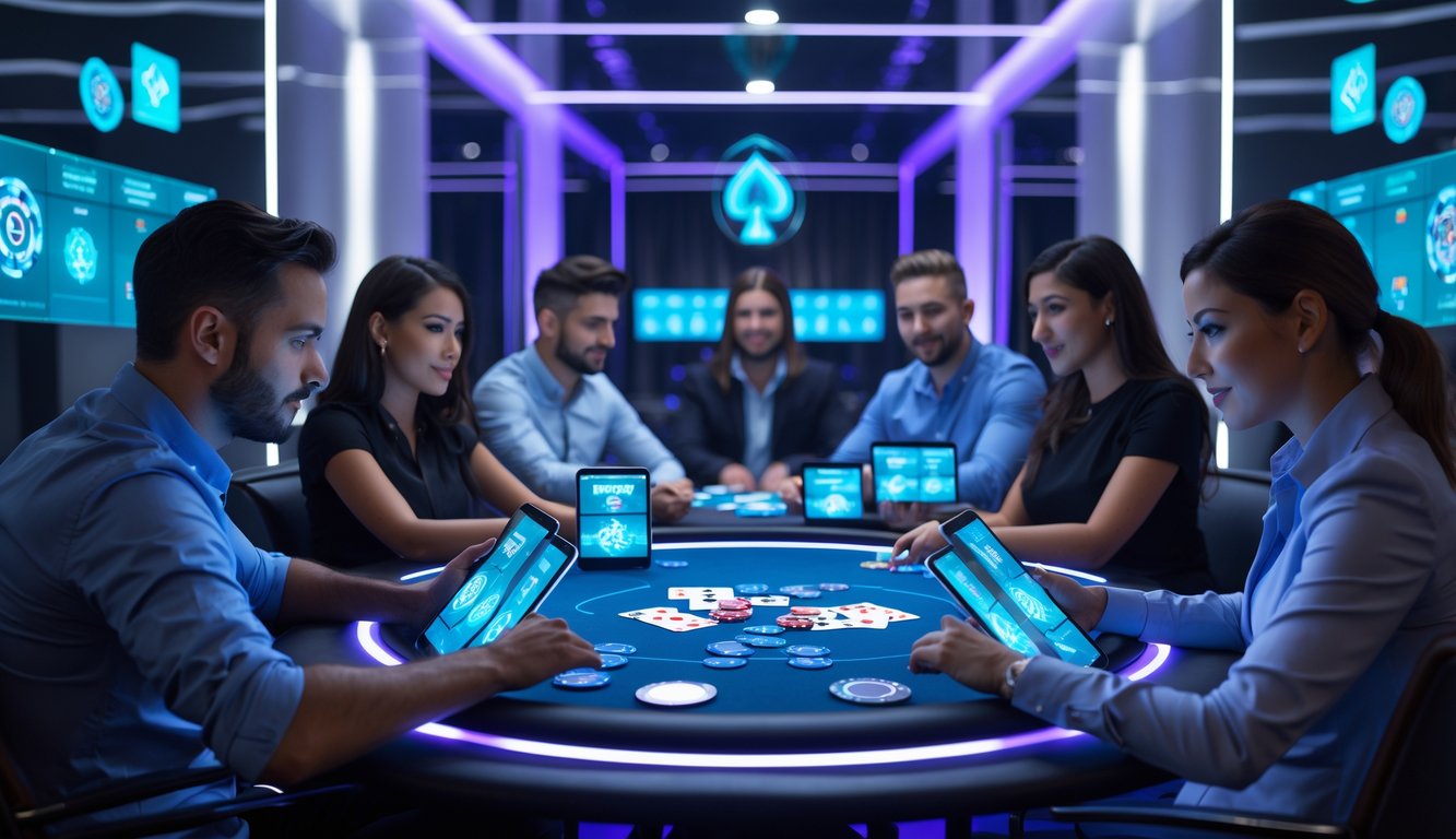 Sekelompok pemain poker online sedang bermain di meja poker digital dengan layar sentuh dan suasana ruangan futuristik.