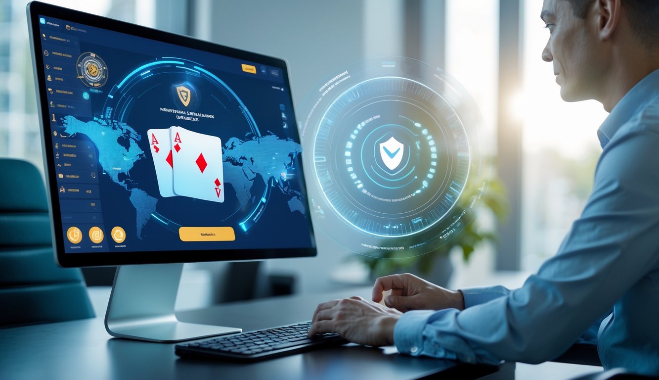 Seorang pemain dewasa menggunakan perangkat digital untuk bermain kartu online dengan latar belakang ikon keamanan dan data digital yang menunjukkan sistem keamanan canggih.