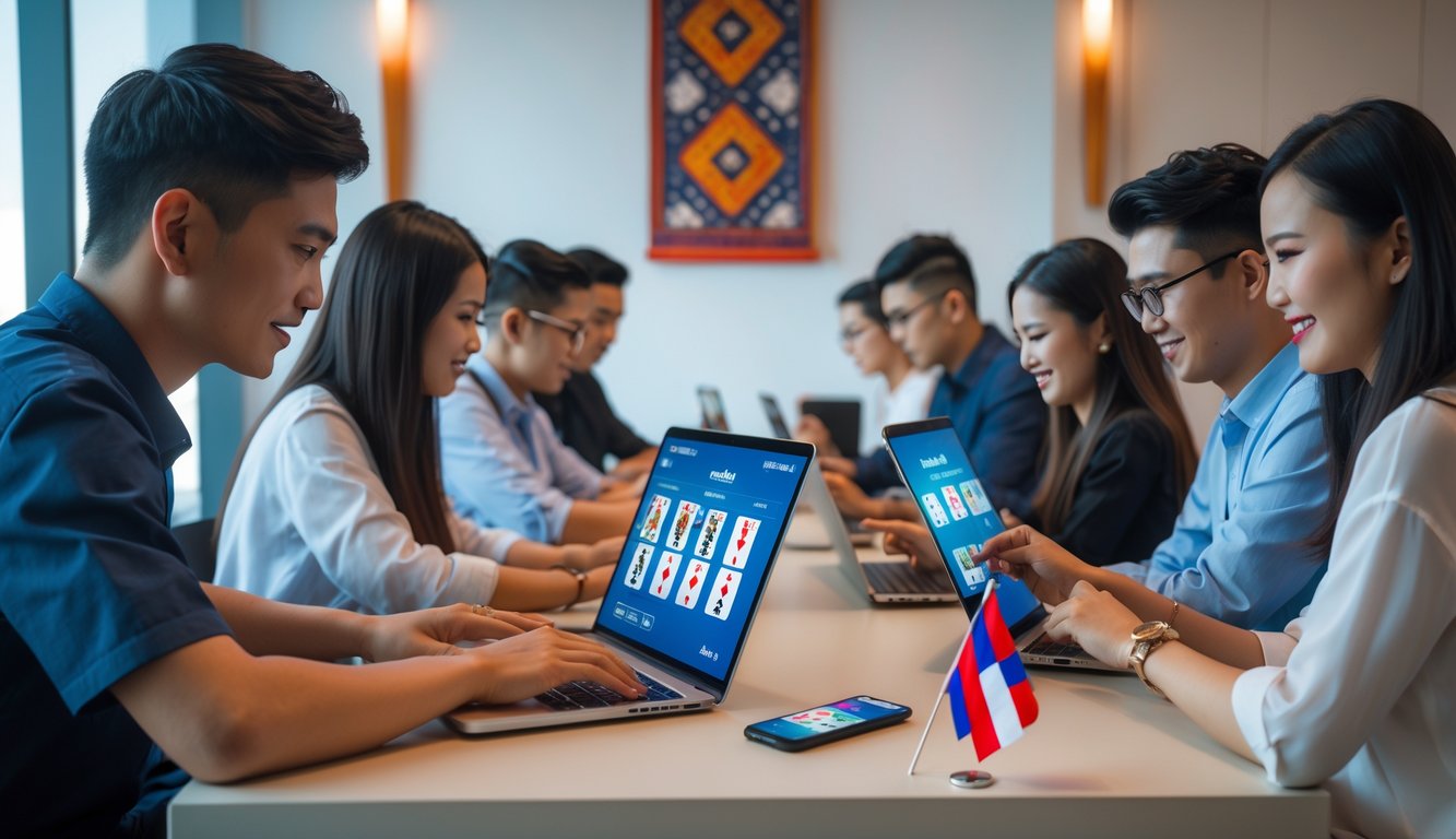 Beberapa orang muda bermain permainan kartu online menggunakan laptop dan ponsel di ruangan modern dengan dekorasi yang mencerminkan budaya Indonesia.