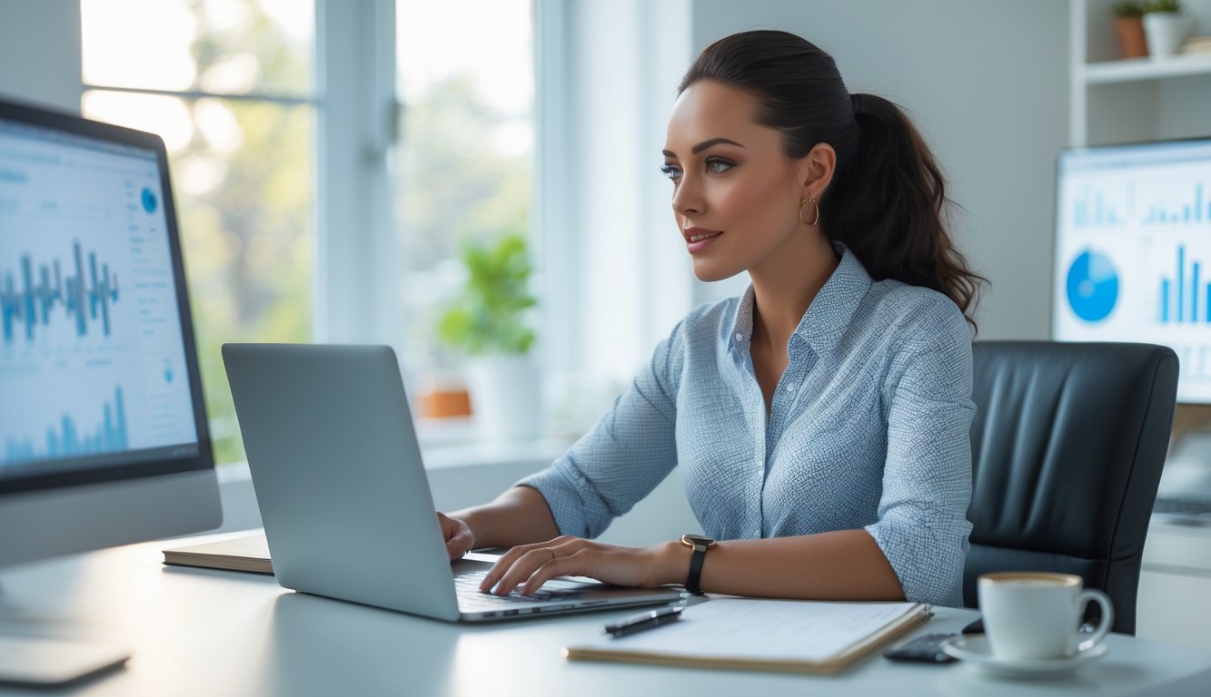 Seorang wanita muda duduk di meja dengan laptop terbuka, terlihat fokus dan serius dalam suasana kantor rumah yang terang dan rapi.