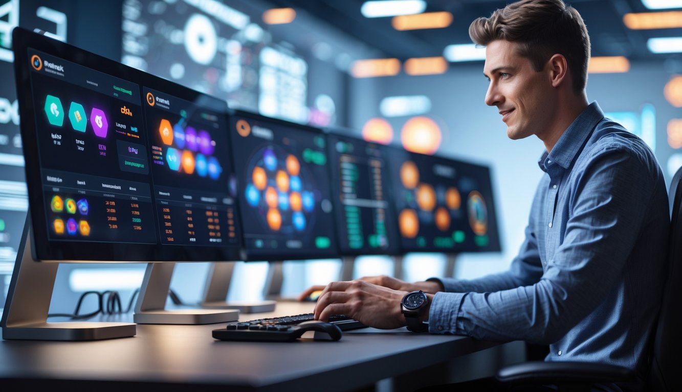 Seorang pria muda duduk di depan komputer dengan beberapa monitor yang menampilkan grafik dan statistik permainan online, di ruang kerja modern yang rapi.