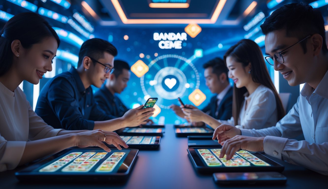 Beberapa orang bermain permainan kartu Bandar Ceme secara online menggunakan perangkat digital dalam suasana yang modern dan cerah.