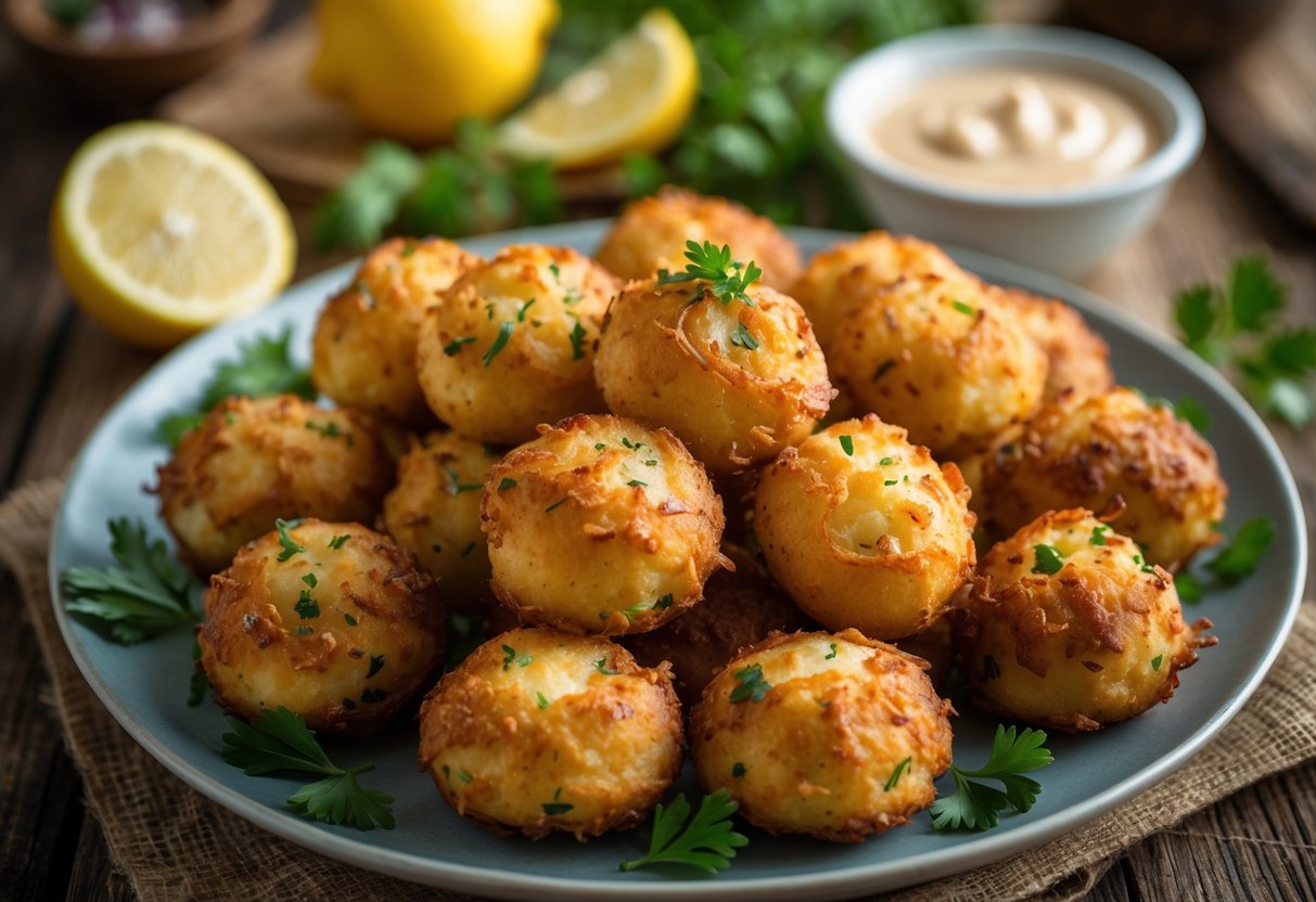 Prato com bolinhos de bacalhau crocantes, decorado com limão e salsa, em uma mesa rústica.