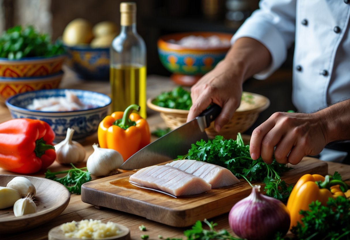 Mesa rústica de cozinha com ingredientes para preparar bacalhau, incluindo filés de bacalhau, legumes e ervas, com mãos cortando vegetais sobre uma tábua de madeira.