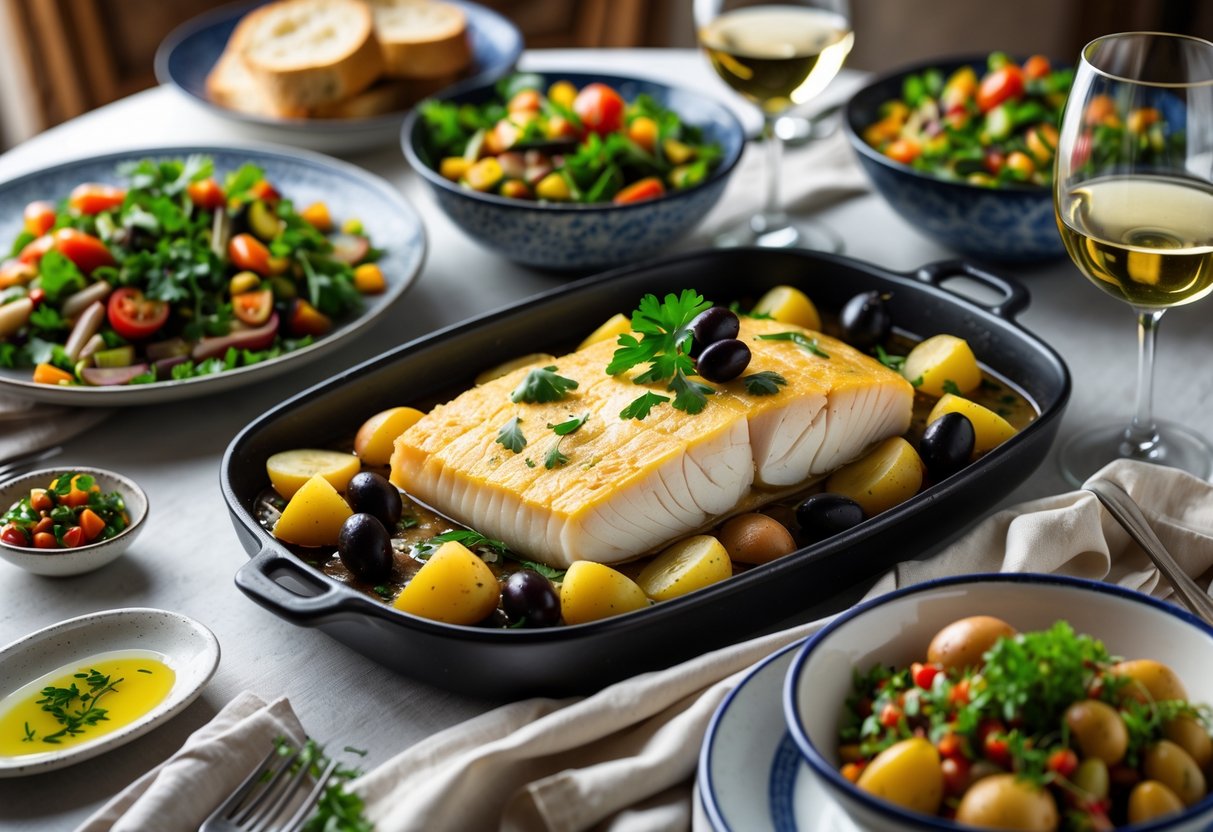 Mesa posta com prato principal de bacalhau assado, acompanhamentos variados como salada, legumes e pão, em ambiente festivo e tradicional.