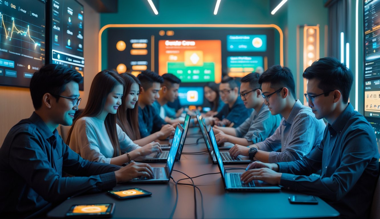 Sekelompok orang muda bermain permainan kartu online di ruangan modern dengan perangkat digital.