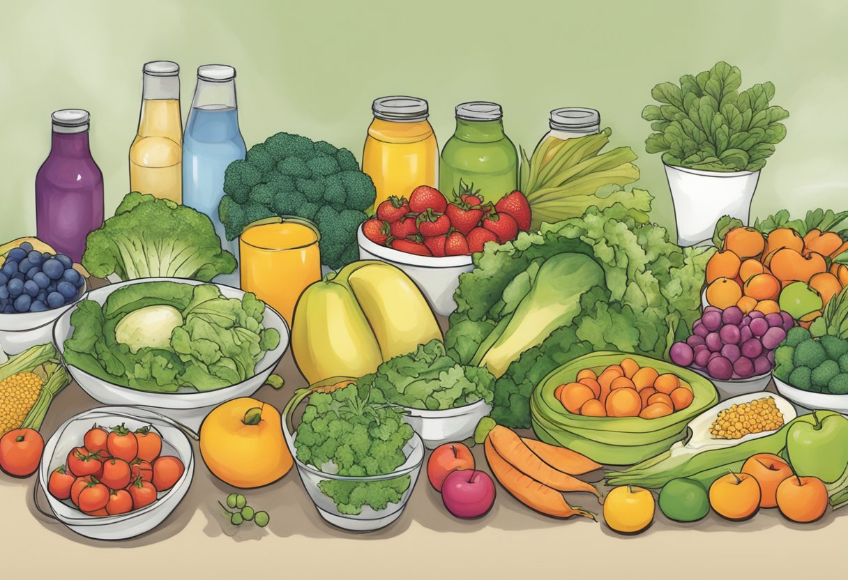 A digital illustration of fruits, vegetables, and juices