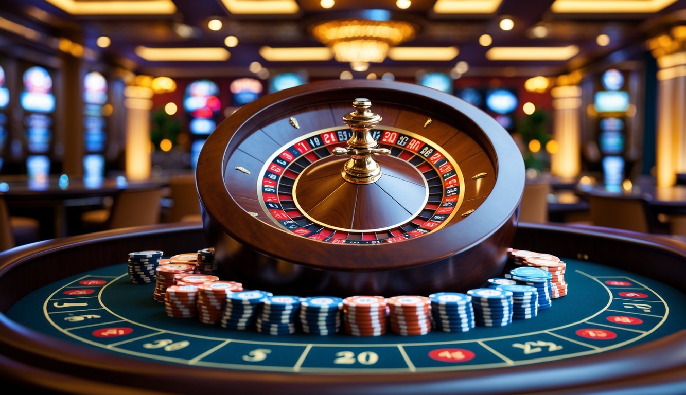 Meja roulette kasino mewah dengan roda roulette yang berputar dan tumpukan chip warna-warni di sekitarnya.