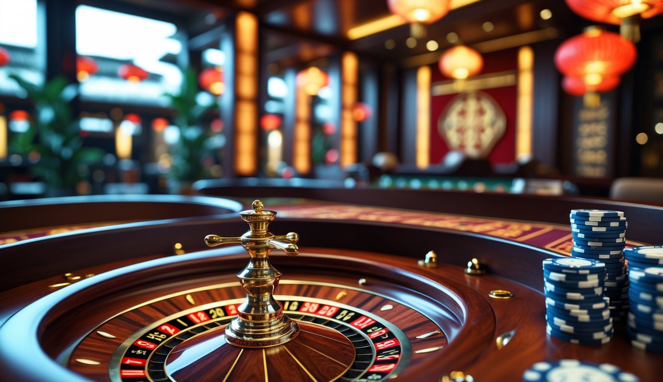 Meja roulette kasino mewah dengan roda roulette dan tumpukan chip di lingkungan kasino yang elegan dan modern.