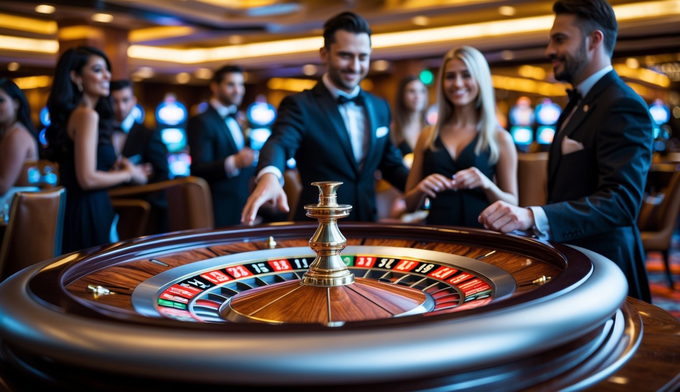 Meja roulette di kasino mewah dengan pemain dan dealer yang sedang bermain.