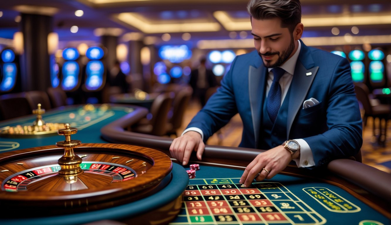 Seorang pemain mengenakan pakaian rapi sedang bermain di meja roulette di kasino yang mewah dengan roda roulette berputar.