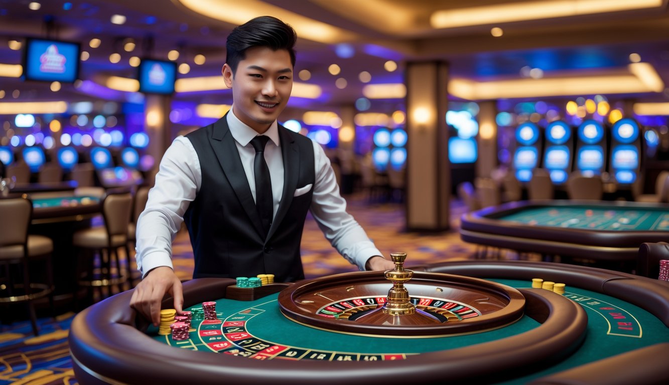 Seorang dealer profesional sedang memutar roda roulette di meja kasino yang mewah dengan suasana kasino yang hidup di latar belakang.