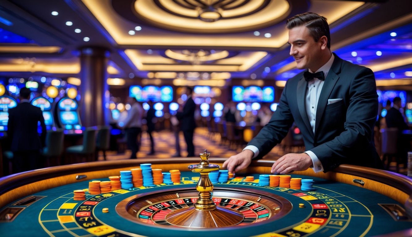 Suasana interior kasino modern dengan meja roulette, dealer yang sedang memutar roda roulette, dan pemain yang antusias di sekeliling meja.