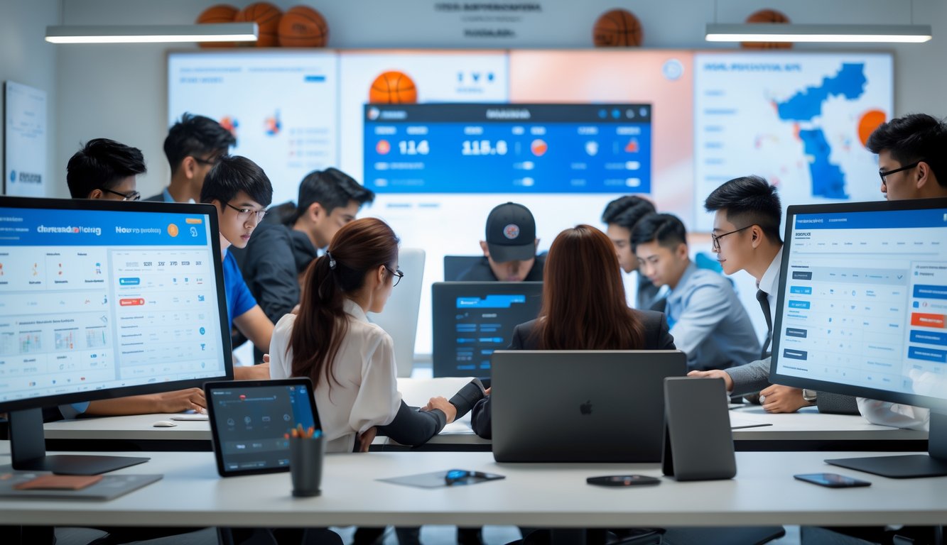 Sekelompok orang muda sedang bekerja dengan komputer dan tablet di kantor modern yang terang, fokus pada analisis taruhan NBA.