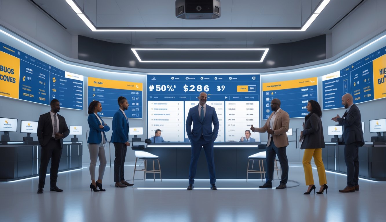 Orang-orang di kantor taruhan olahraga modern yang menampilkan layar digital dengan statistik dan skor pertandingan bola basket NBA.