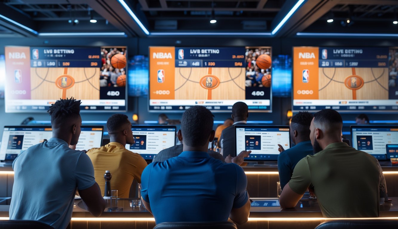 Sekelompok orang menonton pertandingan NBA secara langsung di layar besar sambil menggunakan perangkat untuk taruhan langsung di tempat yang modern dan ramai.