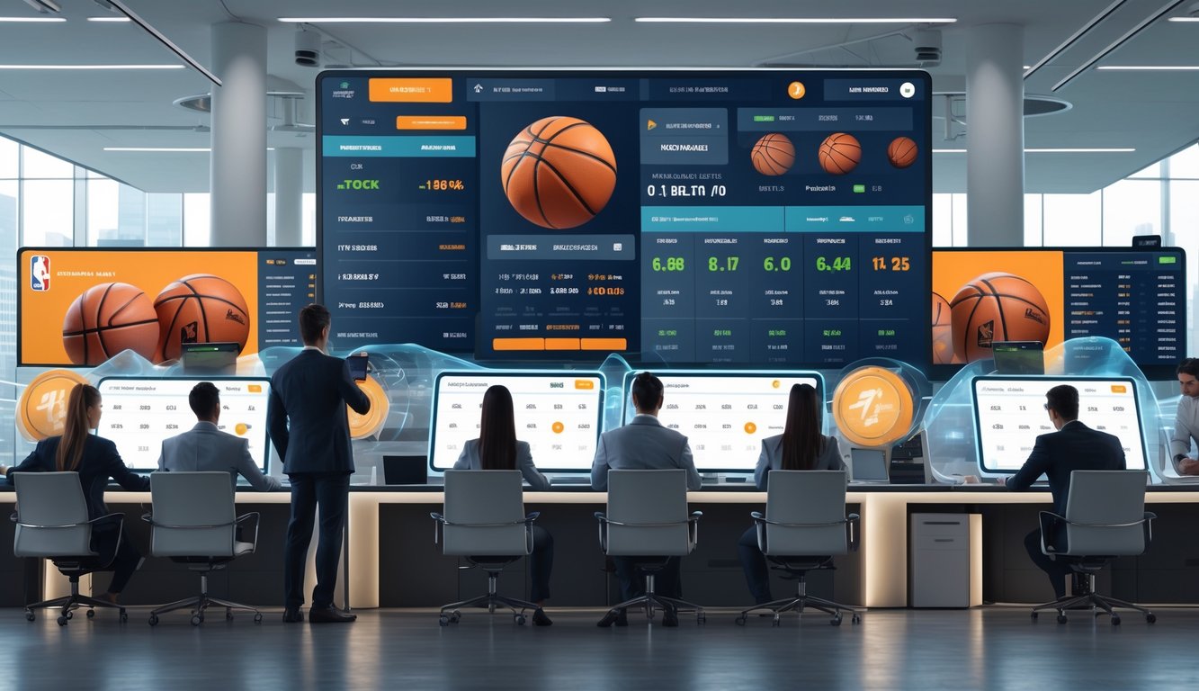 Sekelompok profesional muda sedang menganalisis data pertandingan NBA di layar digital di sebuah kantor modern.