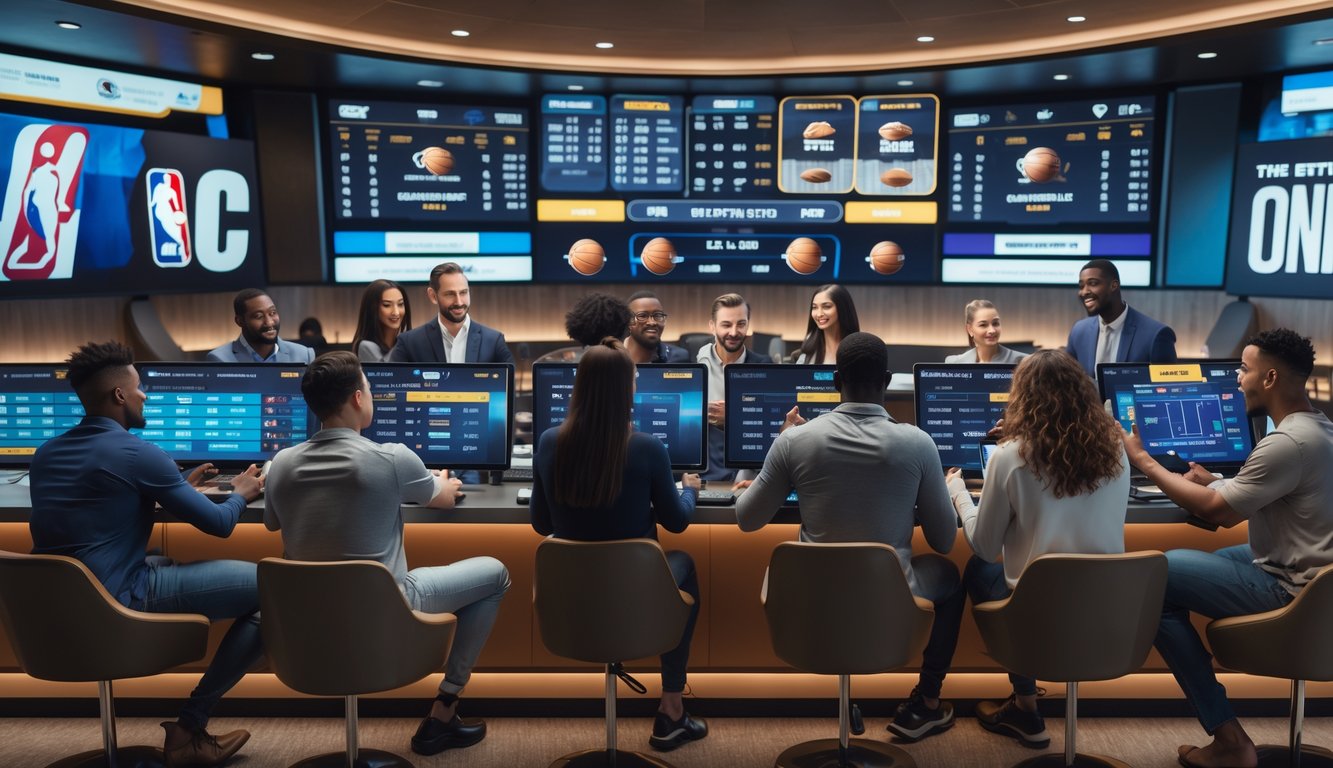 Beberapa orang sedang menggunakan layar digital untuk melihat statistik dan pertandingan NBA, di sebuah ruang taruhan olahraga yang modern dan terang.