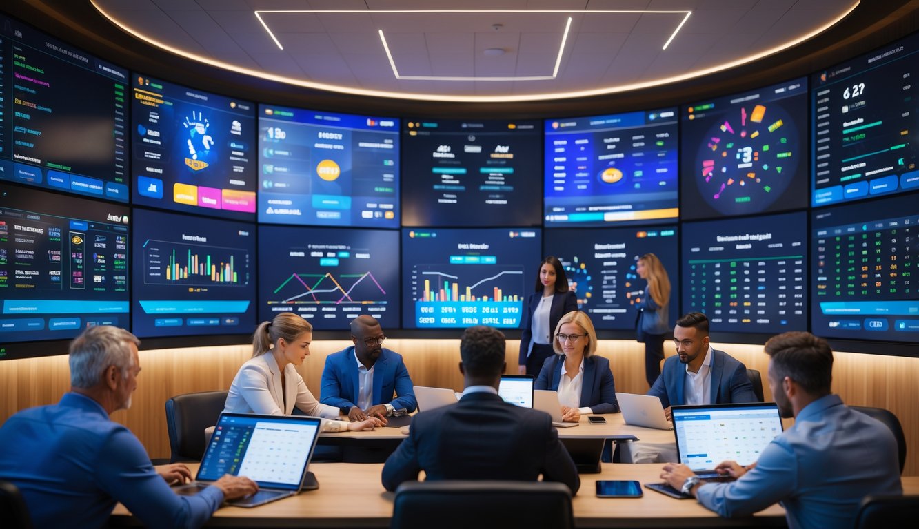 Orang-orang sedang menganalisis statistik dan prediksi NBA di ruang kantor modern dengan layar digital besar.