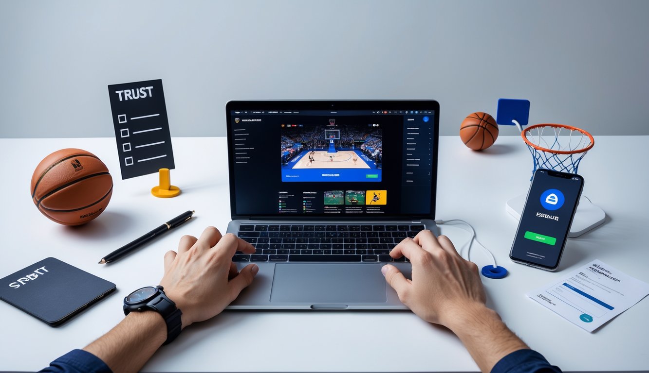 Meja kerja dengan laptop yang menampilkan pertandingan bola basket, tangan pengguna sedang menggunakan perangkat, dengan ponsel dan alat tulis di sekitar, menggambarkan proses pendaftaran taruhan NBA yang mudah dan terpercaya.