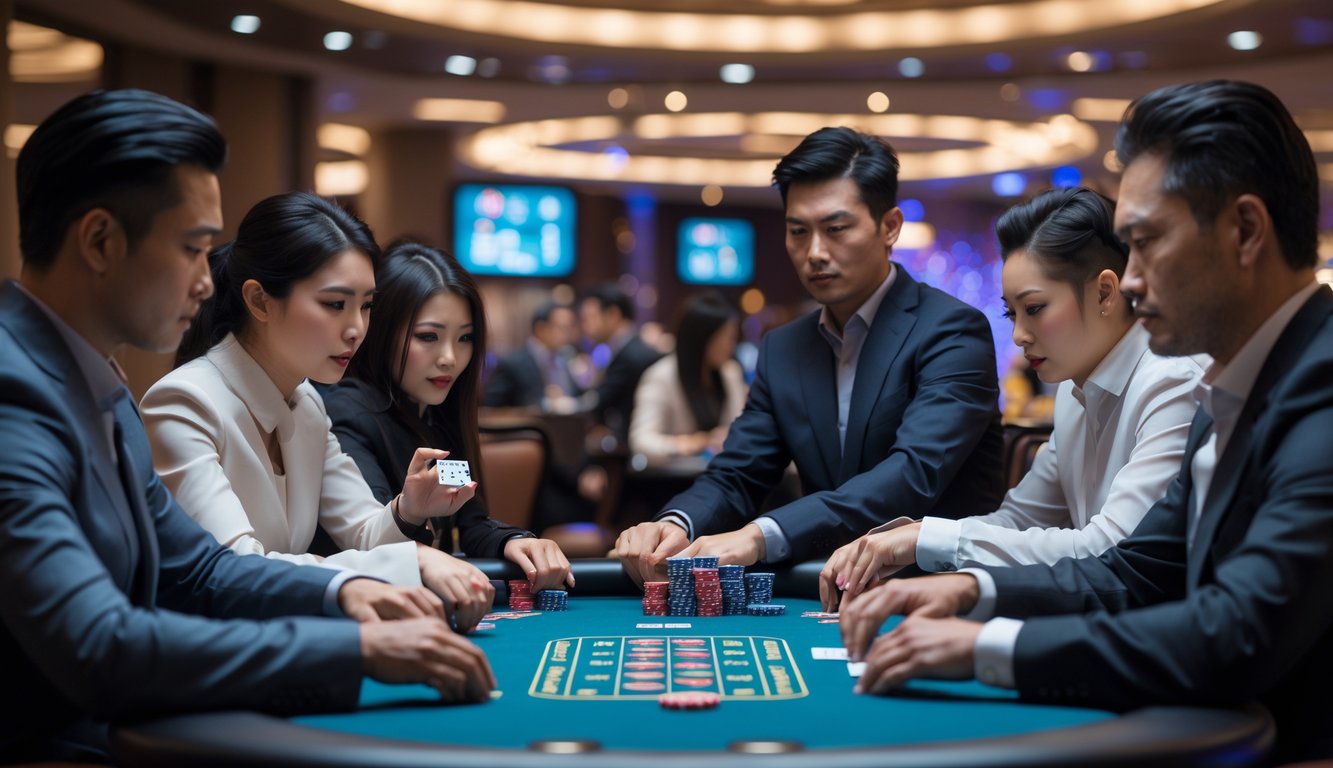 Beberapa pemain Asia sedang bermain poker Pot-Limit Omaha di meja kasino yang modern dan mewah.