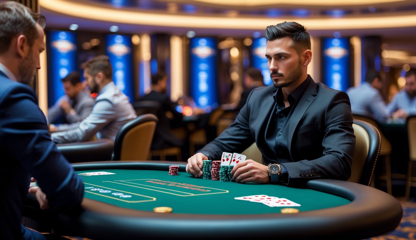 Seorang pemain poker profesional duduk di meja poker modern dengan kartu dan chip, di dalam kasino mewah dengan suasana serius dan fokus.