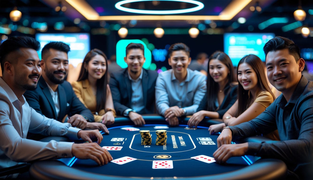 Sekelompok pemain poker sedang bermain Pot-Limit Omaha di meja poker modern dengan kartu dan chip digital.