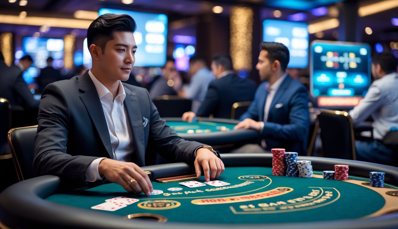 Seorang pemain poker duduk di meja dengan chip dan kartu, fokus bermain Pot-Limit Omaha di kasino modern.