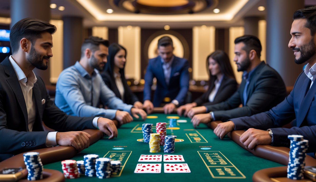 Meja poker dengan pemain yang fokus bermain Pot-Limit Omaha di kasino yang elegan.