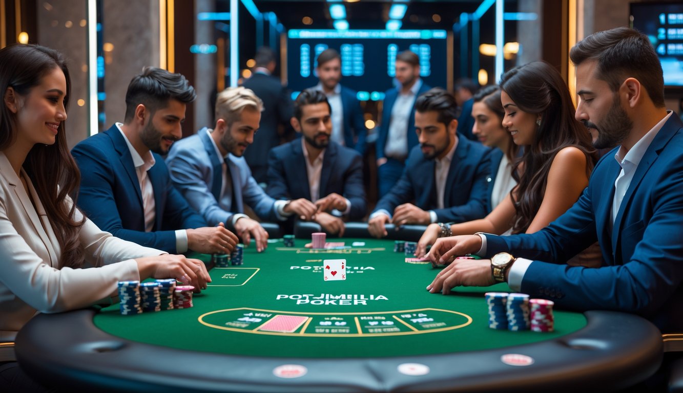 Sekelompok orang bermain poker Pot-Limit Omaha di meja hijau di dalam ruangan kasino yang modern dan mewah.