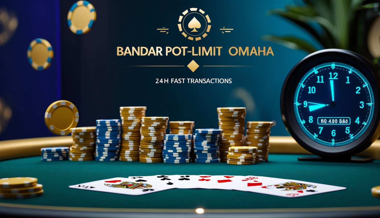 Meja poker dengan tumpukan chip dan kartu, menunjukkan suasana permainan Bandar Pot-Limit Omaha dengan latar belakang yang modern dan profesional.