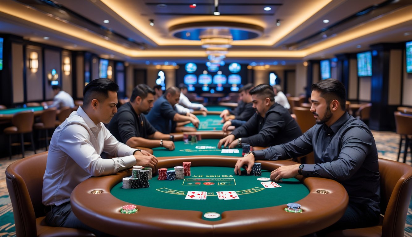 Ruangan poker modern dengan meja Pot-Limit Omaha lengkap dan beberapa pemain sedang bermain kartu.