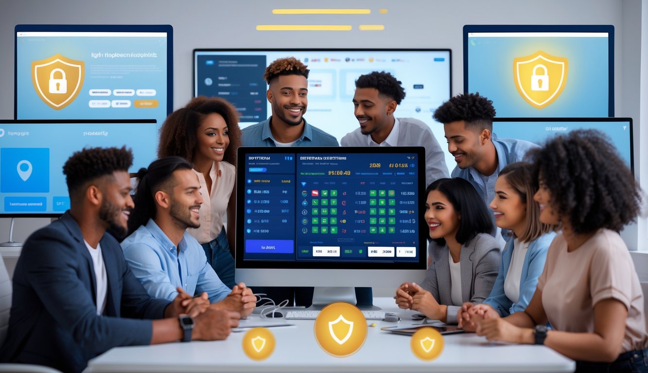 Sekelompok orang muda sedang menggunakan perangkat digital untuk melihat statistik pertandingan sepak bola secara online dalam lingkungan yang aman dan profesional.