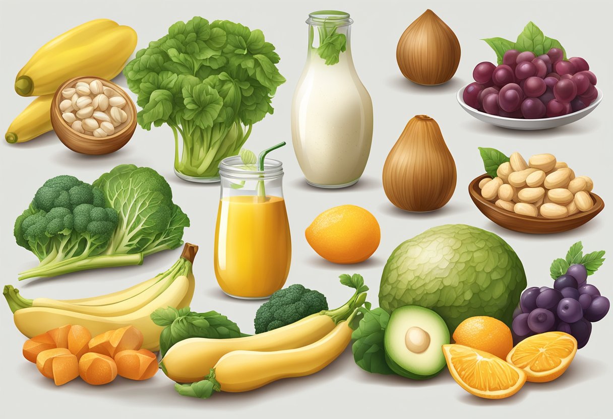 A digital illustration of fruits, vegetables, nuts, juices, and milk