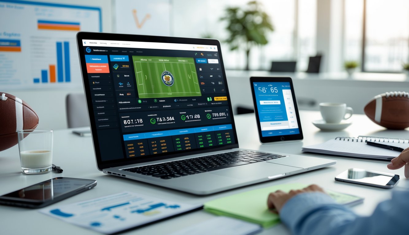 Meja kerja modern dengan laptop menampilkan situs taruhan olahraga, bola sepak, tablet, dan ponsel di lingkungan kantor yang terang dan rapi.