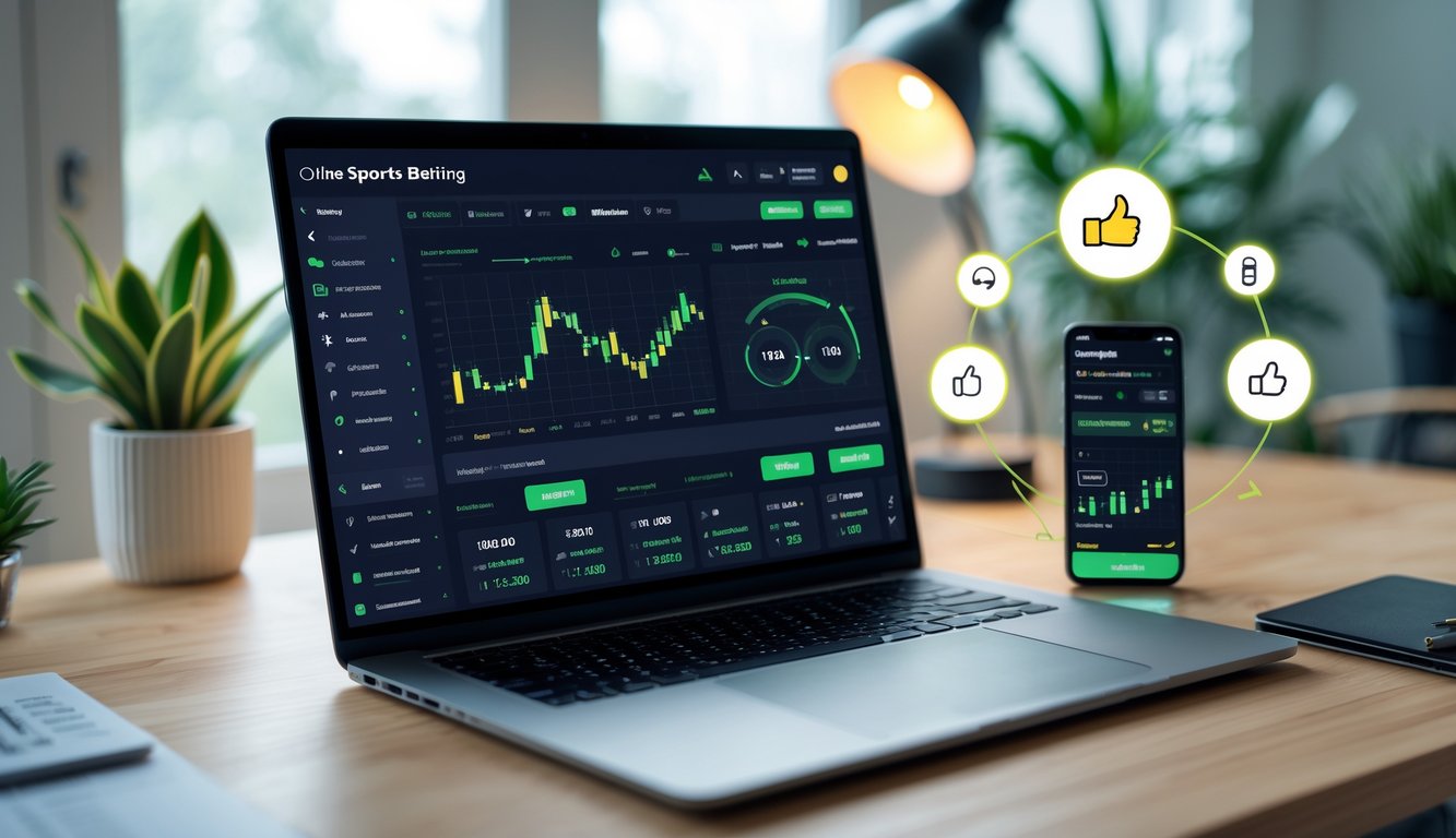 Seorang pengguna sedang melihat antarmuka taruhan bola online terpercaya di laptop dan ponsel di meja kerja dengan suasana kantor rumah yang nyaman.