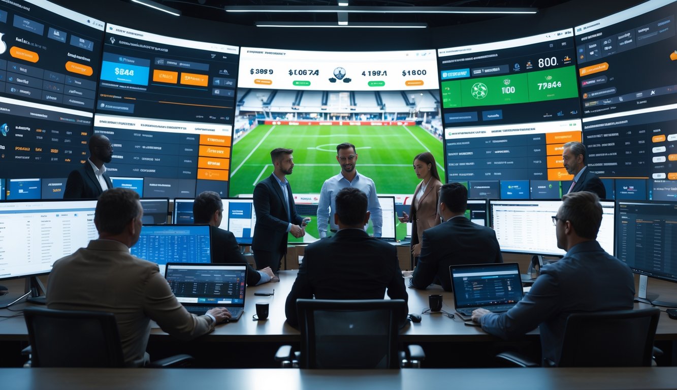 Orang-orang fokus menggunakan komputer dengan tampilan taruhan sepak bola langsung di kantor modern.