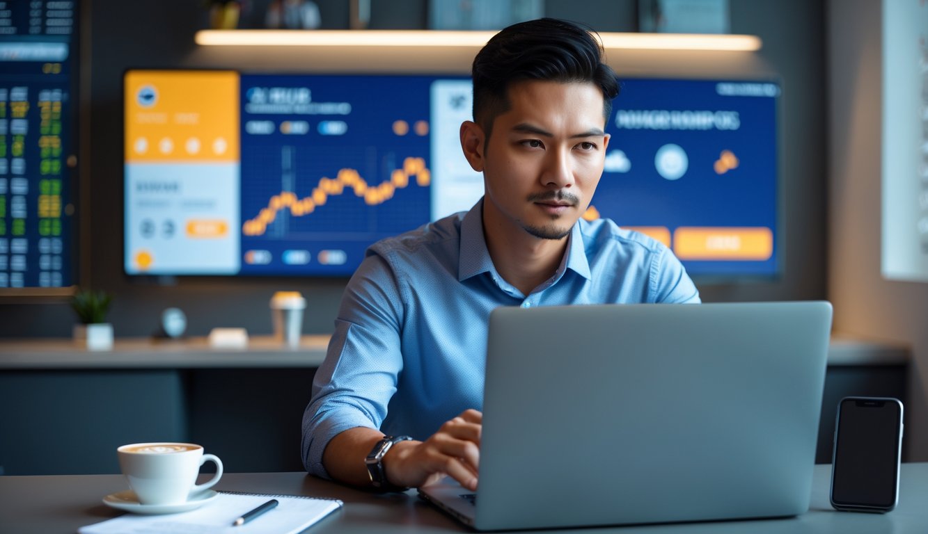 Seorang pria Indonesia duduk di meja dengan laptop, fokus menggunakan komputer di ruang kerja yang rapi dan terang.