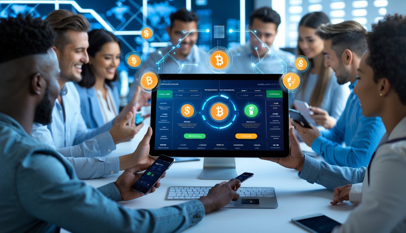 Orang-orang menggunakan perangkat digital untuk taruhan olahraga online dengan proses deposit dan penarikan cepat.