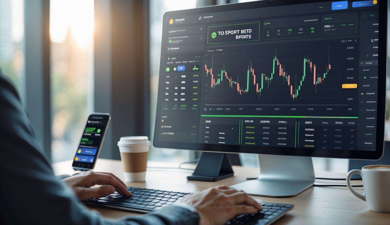 Seseorang menggunakan komputer di meja kerja dengan tampilan situs taruhan olahraga online di layar.