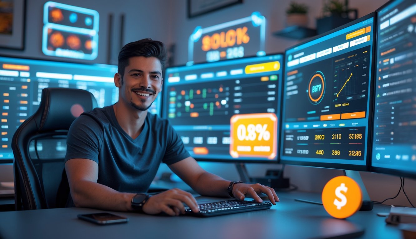 Seorang dewasa muda duduk di meja dengan beberapa monitor menampilkan antarmuka taruhan olahraga online, menggunakan ponsel dan keyboard di ruang kerja yang modern.