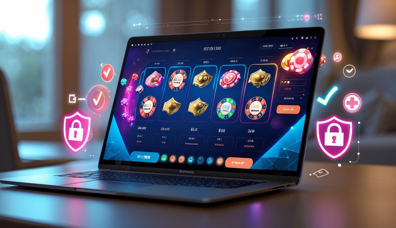 Seorang pemain menggunakan laptop dengan tampilan permainan kasino online yang berwarna-warni di layar, di ruang yang nyaman dan terang.