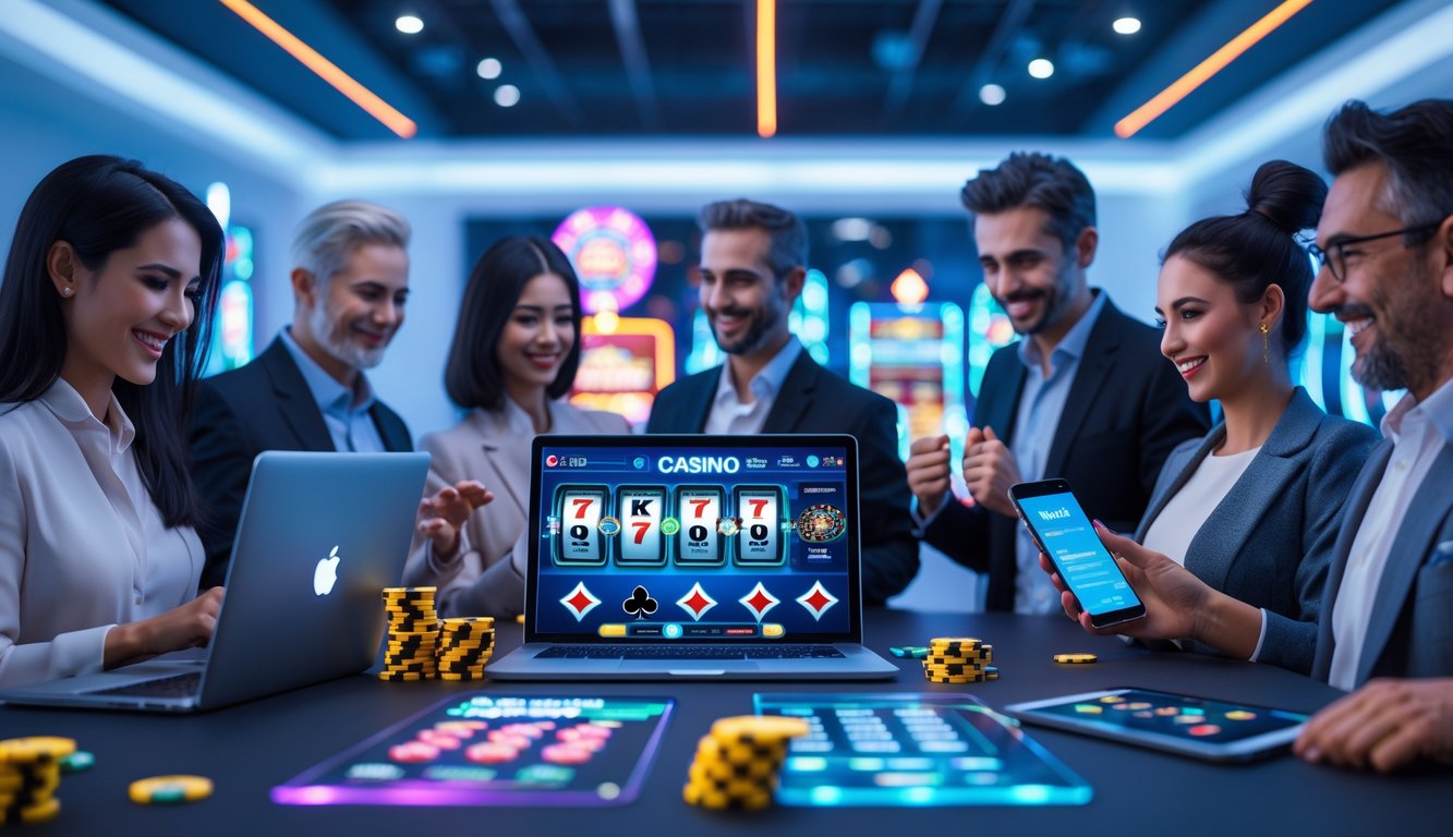 Orang-orang menggunakan perangkat digital untuk bermain permainan kasino online di ruangan modern dengan pencahayaan futuristik.