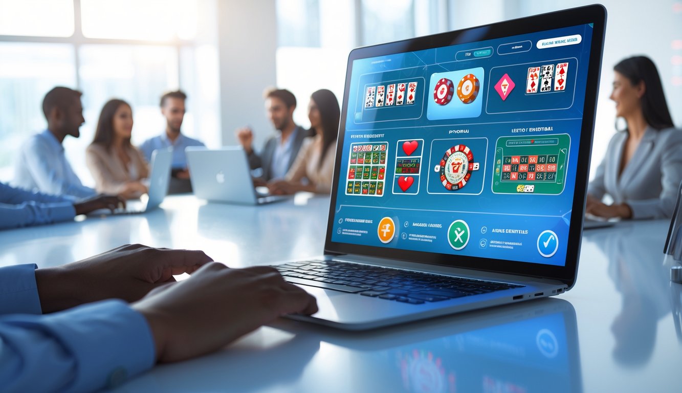 Orang-orang menggunakan perangkat digital untuk bermain permainan kasino online di lingkungan yang modern dan aman.