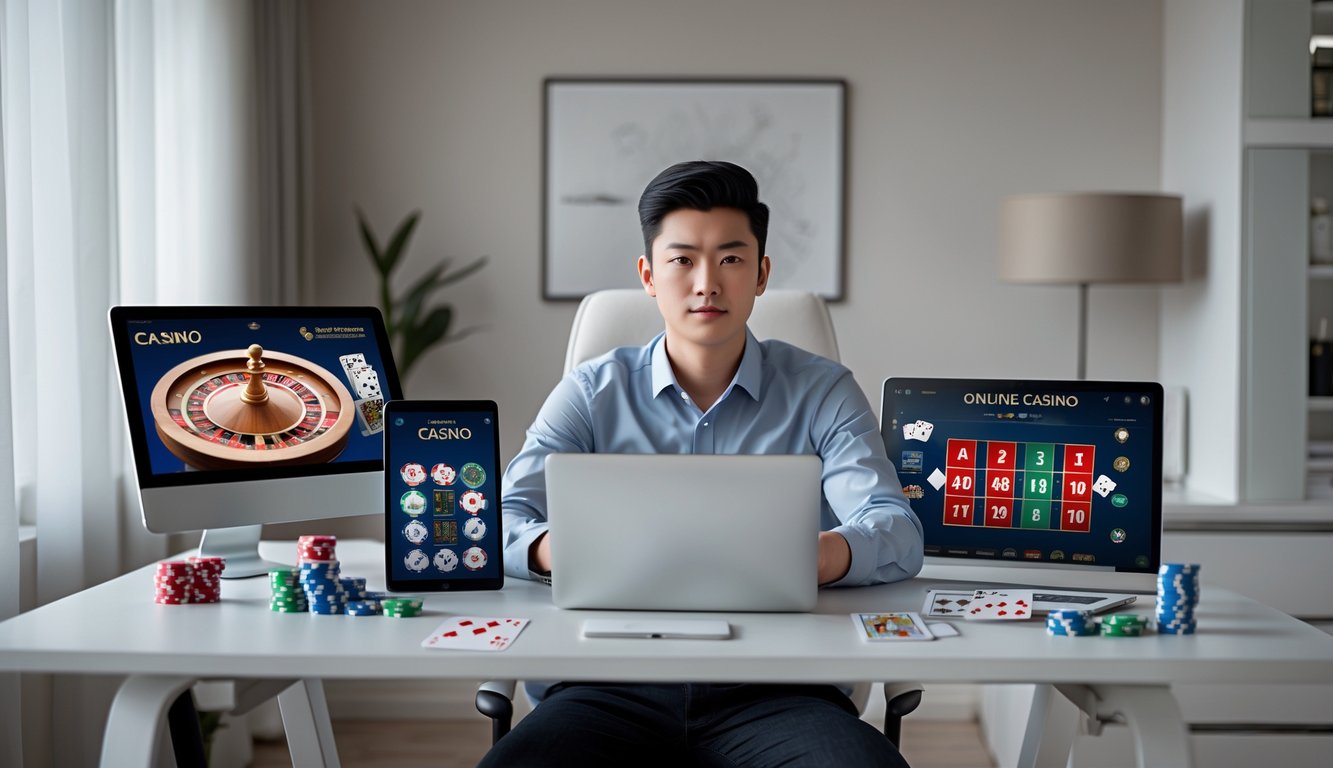 Seseorang duduk di meja dengan laptop dan perangkat digital lain yang menampilkan permainan kasino online, terlihat fokus memilih situs kasino terpercaya.