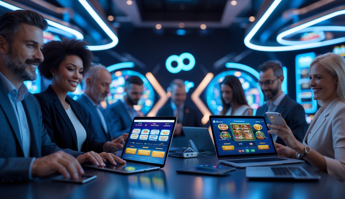 Beberapa orang dewasa menggunakan perangkat digital untuk bermain permainan kasino online di lingkungan modern yang futuristik.